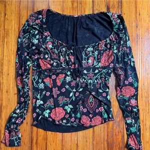 Free People Make It Easy long sleeve black scoop neck top with red rose print